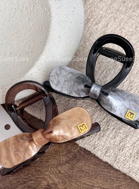 韩国东大门蓝灰色醋酸蝴蝶结M标洋气半扎中号抓夹女高级ins鲨鱼夹