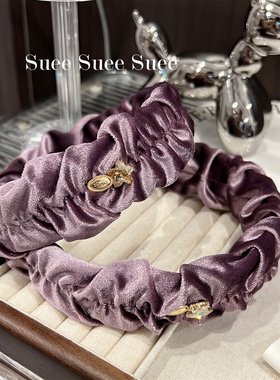 韩国东大门秋冬进口丝绒超美紫色水钻小金标褶皱宽版增高颅顶发箍