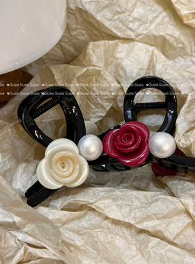 韩国东大门2色入醋酸立体玫瑰花红色洋气复古惊艳中号ins鲨鱼抓夹