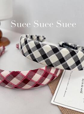 韩国东大门红色洋气小众法式小方格高颅顶百搭宽边发箍洗脸发卡女