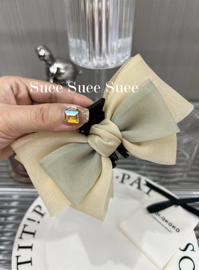 韩国东大门春款超美薄荷黄绿色薄纱超大蝴蝶结高级感在逃公主抓夹