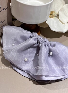 韩国东大门新款紫色珍珠网纱大肠圈气质优雅低马尾丸子头发绳发圈