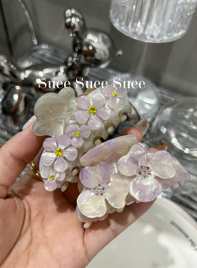 韩国东大门醋酸仙气甜美高级感立体花朵水钻水粉色鲨鱼夹盘发抓夹