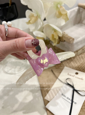 绝美春款紫色韩国进口醋酸狗狗金标蝴蝶结果冻白色超大盘发鲨鱼夹