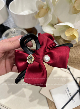 韩国东大门红色华丽复古奢华水钻扣珍珠蝴蝶结在逃公主大鲨鱼抓夹