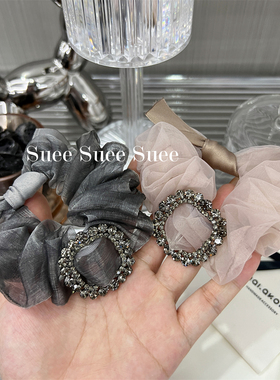 韩国东大门高级感方扣水钻薄纱灰色粉色夏季蝴蝶结大肠圈马尾发绳