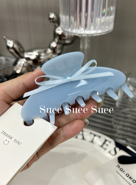 韩国babyblue少女芭蕾丝带蝴蝶结果冻蓝色醋酸大号鲨鱼夹法式抓夹