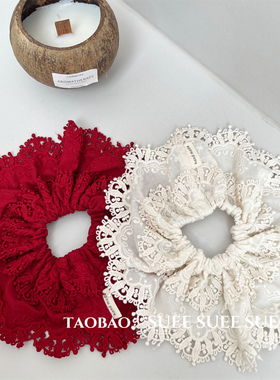 韩国东大门度假风超仙白色水溶蕾丝花边纯欲布艺大号肠圈法式发圈