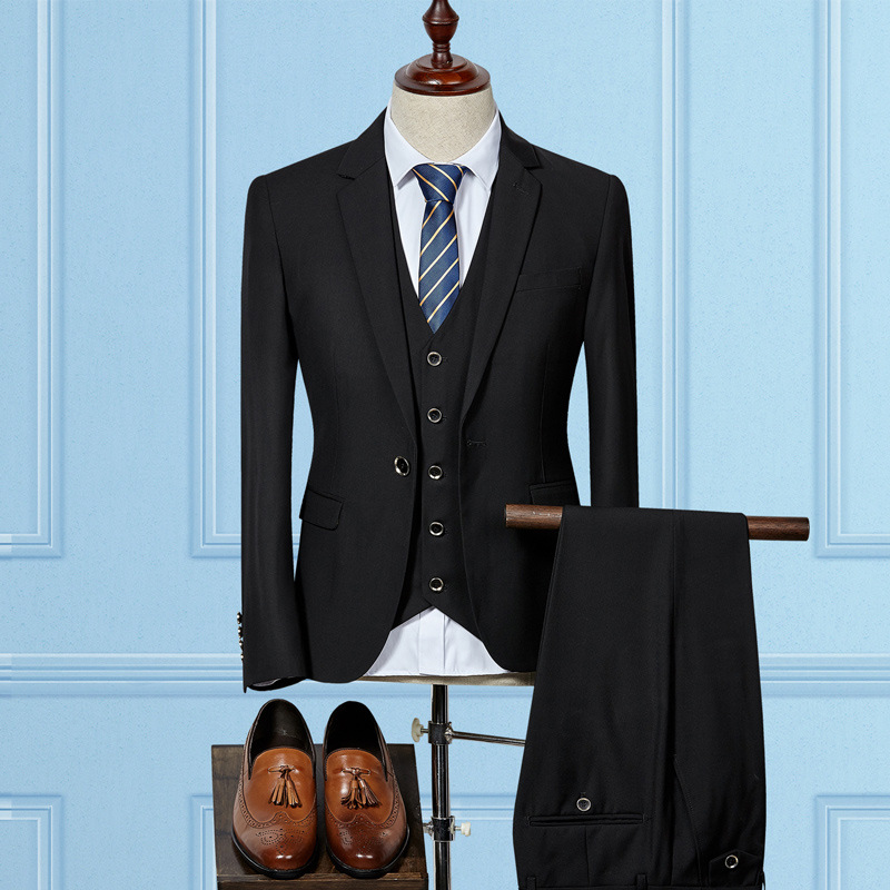 韩版修身西服三件套男一粒扣西装套装男纯色商务西装新郎结婚