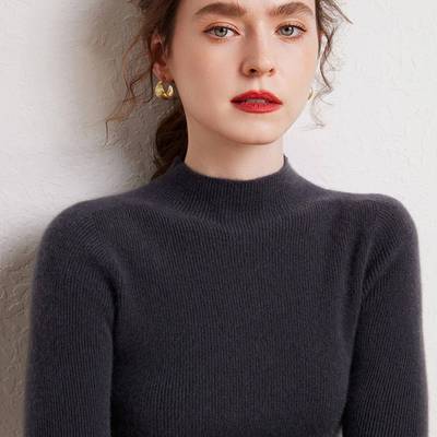 2025秋冬新款100%纯山羊绒衫女半高领修紧身抽条套头毛衣打底针织