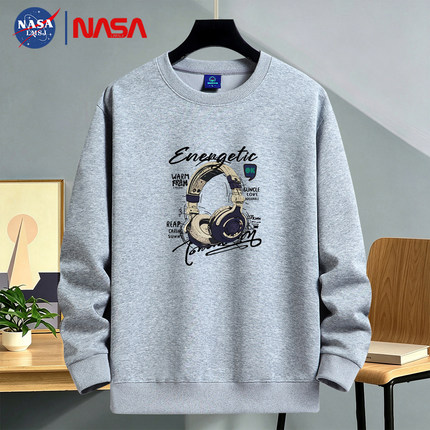 NASA圆领卫衣男秋冬款潮流重磅青少年休闲宽松加绒加厚保暖打底衫