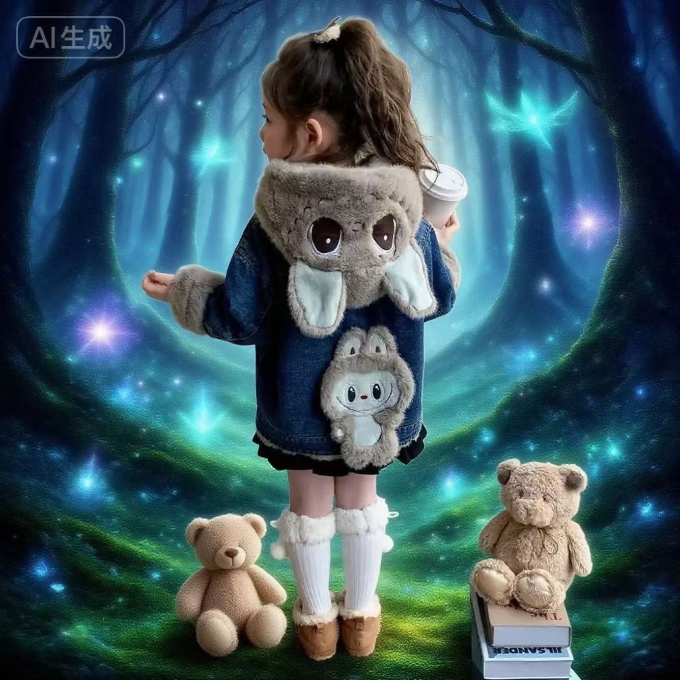 女童牛仔外套拉布布韩版冬季女孩2025秋冬季加绒洋气加厚连帽外套