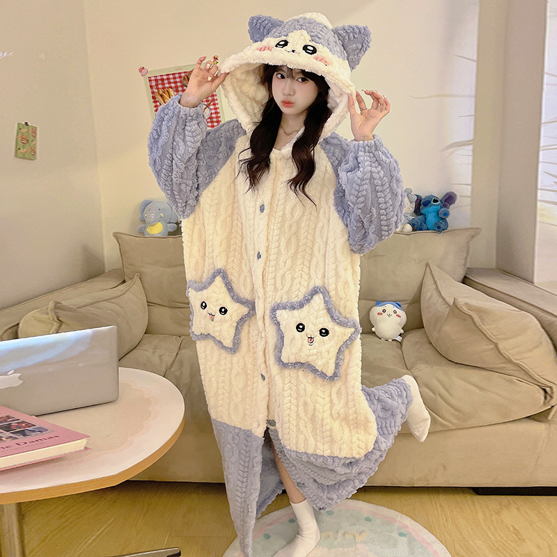小八珊瑚绒睡衣女中大童秋冬季连体加厚法兰绒睡裙少女可爱风睡袍