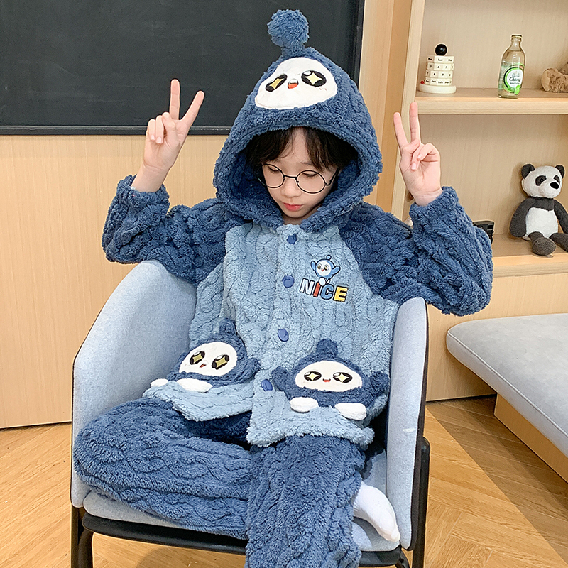 蛋仔派对男童法兰绒睡衣秋冬季加厚款中大童珊瑚绒连帽家居服套装