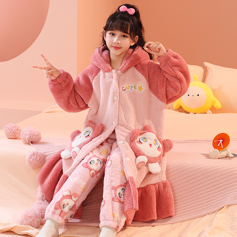 蛋仔派对女童珊瑚绒睡袍两件套装秋冬季中大童法兰绒加厚长款睡衣