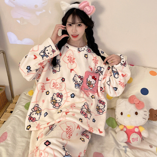 可爱超萌女童法兰绒睡衣秋冬薄款珊瑚绒女孩初中生少女家居服套装