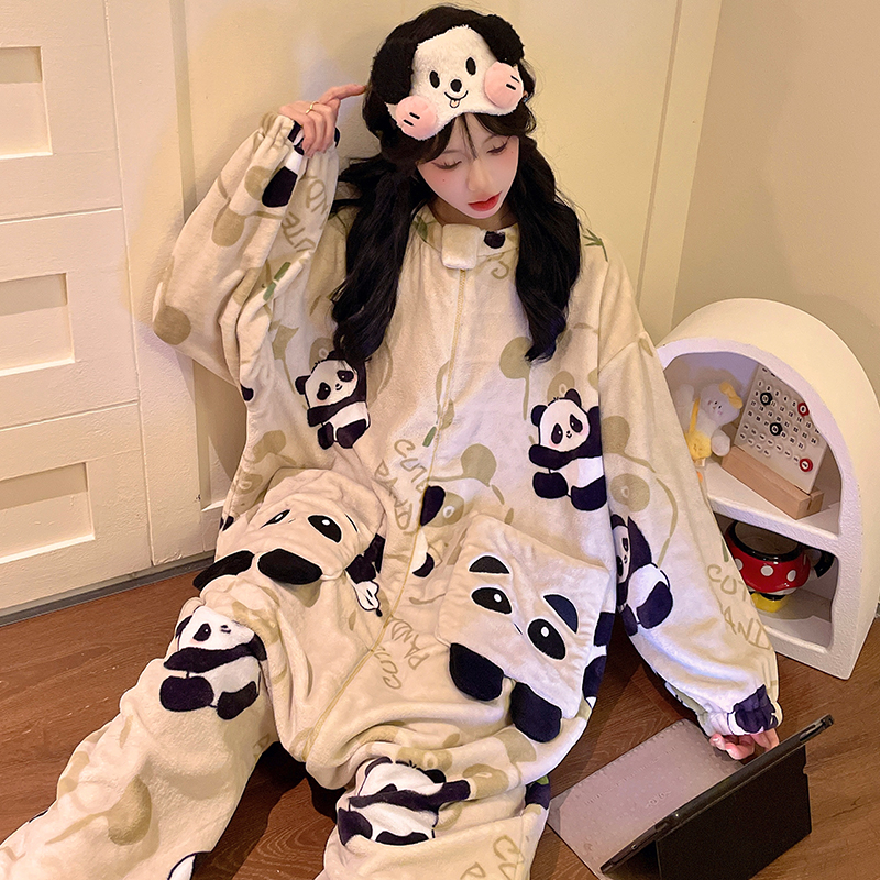 熊猫法兰绒连体睡衣女冬加厚睡袋