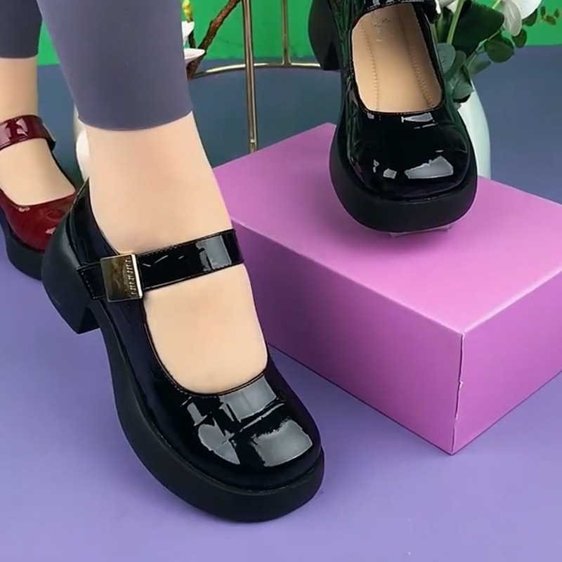 真皮女鞋2025年夏季新款牛皮圆头粗跟中低跟浅口单鞋亮面玛丽珍鞋