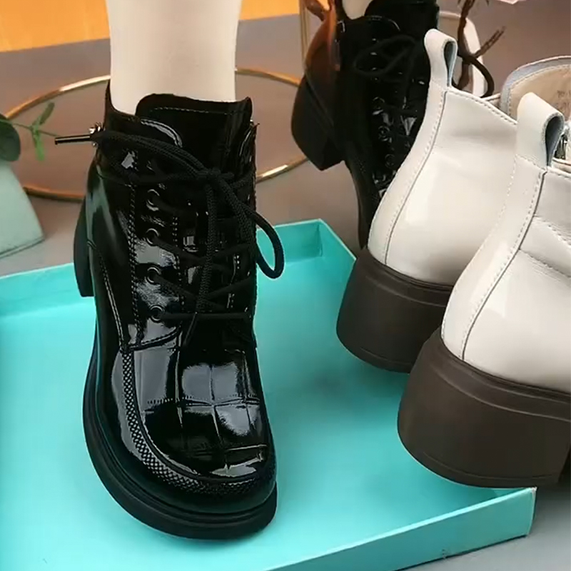 韩版马丁靴粗跟圆头真皮加绒女靴