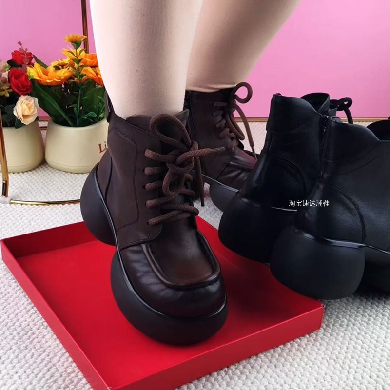 真皮短靴女牛皮圆头粗跟高跟女靴