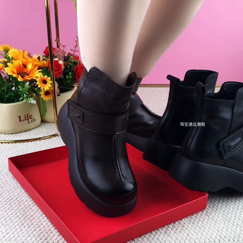 真皮短靴女牛皮圆头松糕厚底女靴