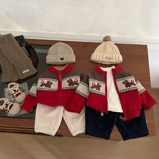 婴儿新年毛衣外套儿童加厚冬装秋冬男童加绒拜年服女宝宝红色上衣