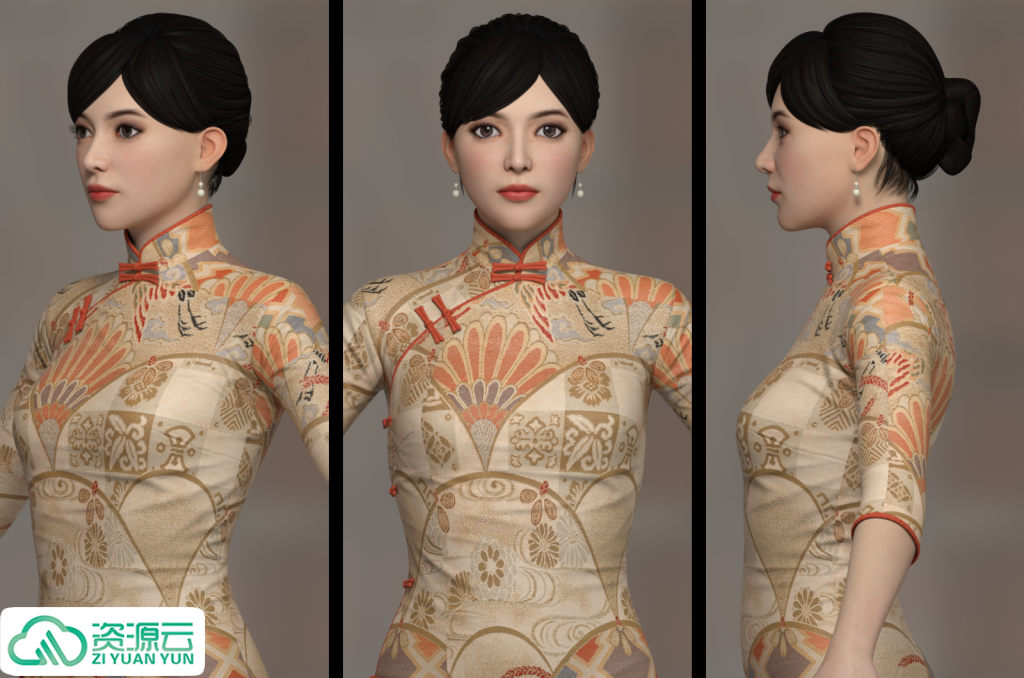 次世代角色模型文件3dmax maya fbx obj格式民国旗袍美女3d模型