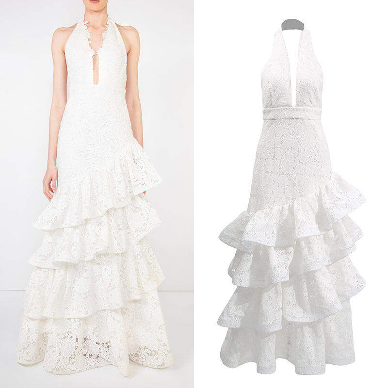 法式宫廷舞会纯白挂脖露背礼服长裙2025收腰蛋糕裙下摆连衣裙中腰