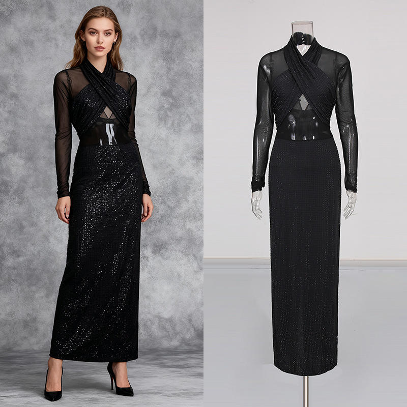 新款 暗黑闪耀礼服网纱领亮片修身长裙2025冬季性感连衣裙长袖