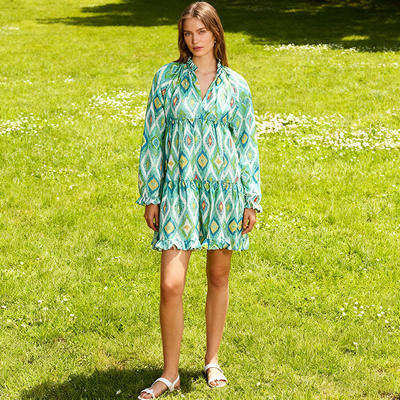 波西米亚风宽松印花短裙女2025V字领长袖显连衣裙单件TDR634723