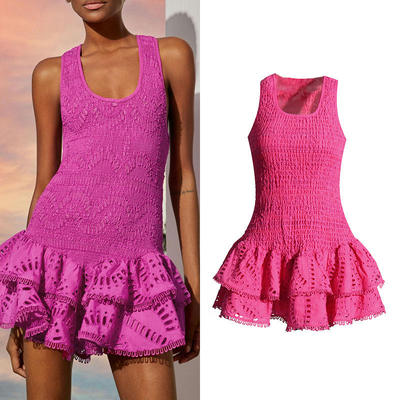 新款 欧美2025度假风U型领背带设计修身超短款荷叶边 连衣裙女