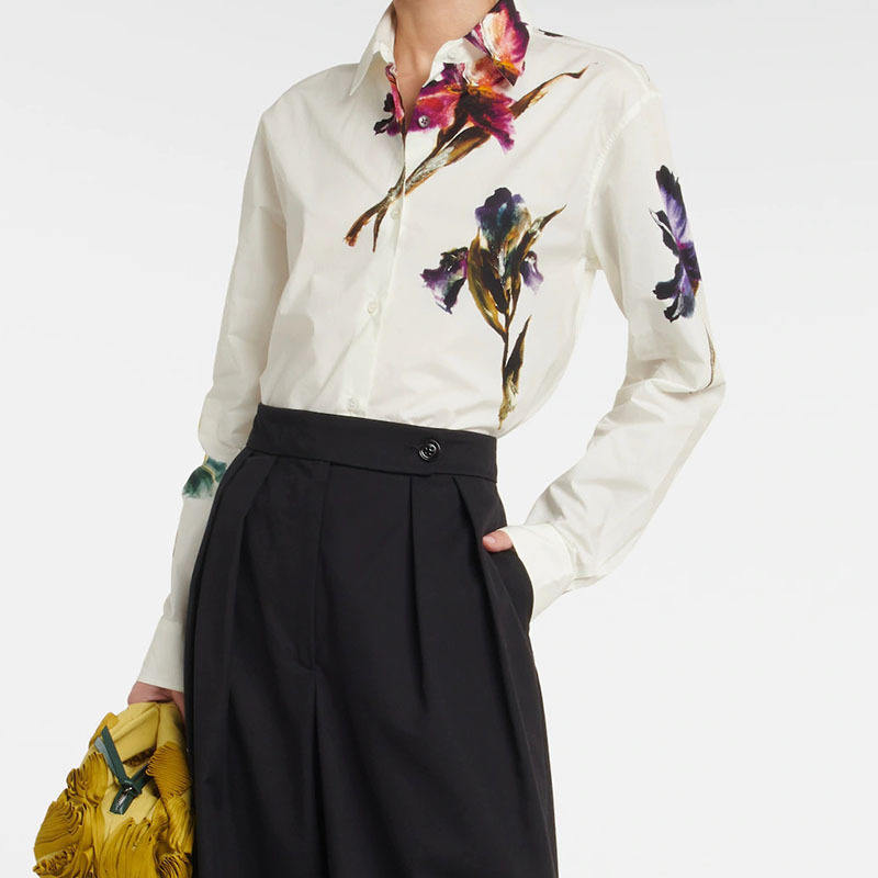 深圳南油轻奢高端欧款设计师女装花卉印花棉质白色衬衫女衬衫袖