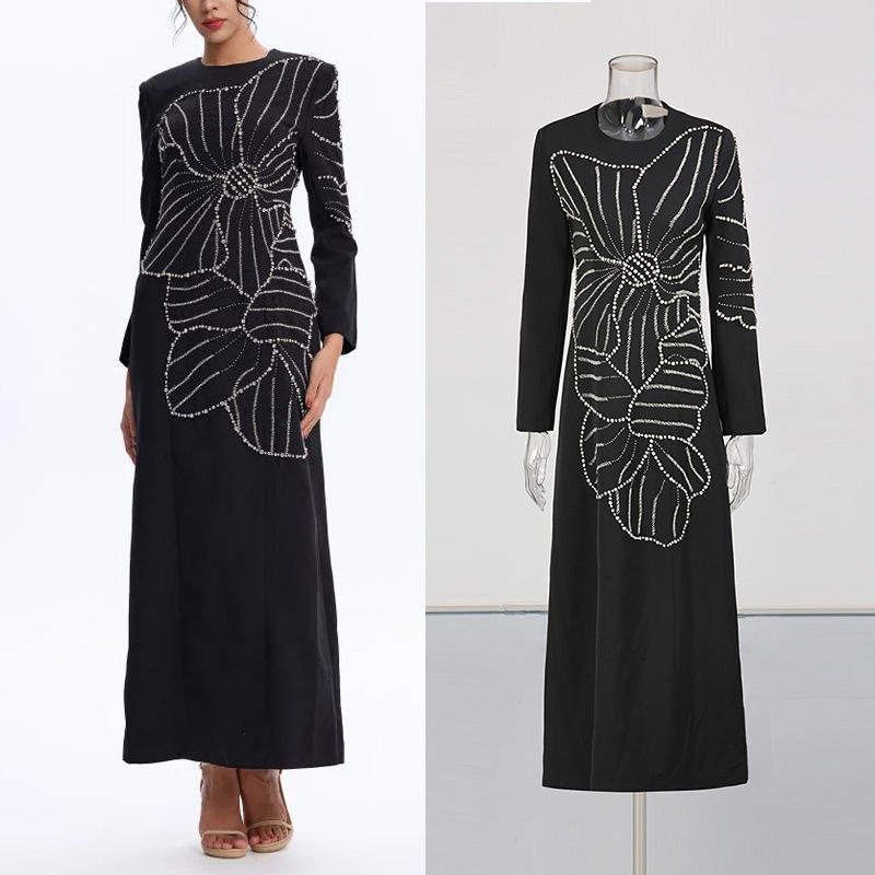 高级感明星礼服2025重工钉珠镶钻长袖长款连衣裙长裙常规袖A字裙