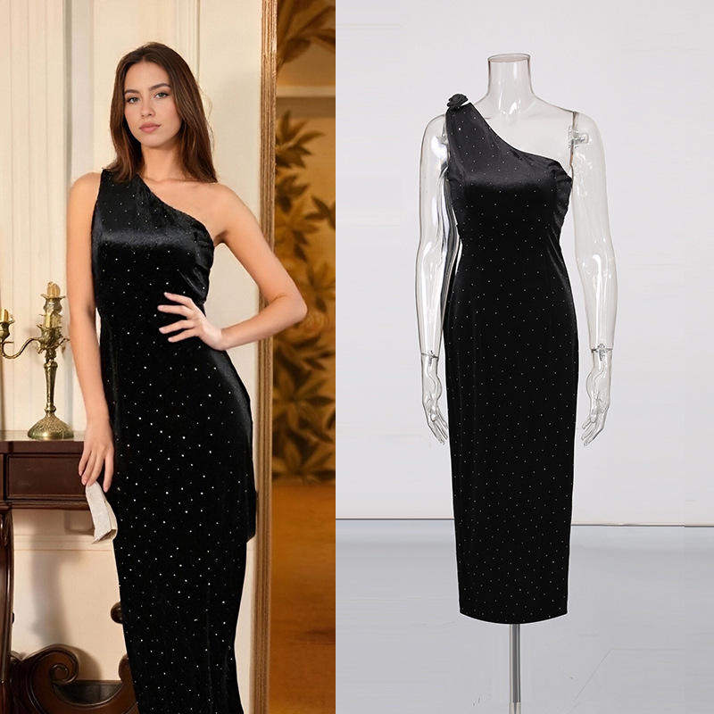 新款 舞会抹胸礼服敬酒服黑色长裙2025细闪立体花多连衣裙铅笔裙