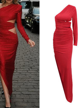 欧美晚宴修身露腰包臀高级感长裙2025性感红色礼服连衣裙中腰单件