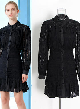 气质休闲镂空刺绣短裙2025立领长袖高腰显连衣裙女单件TDR28305