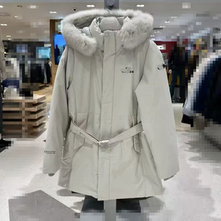 张元英韩版25年冬时尚毛领连帽羽绒服女中长款束腰带百搭外套新款