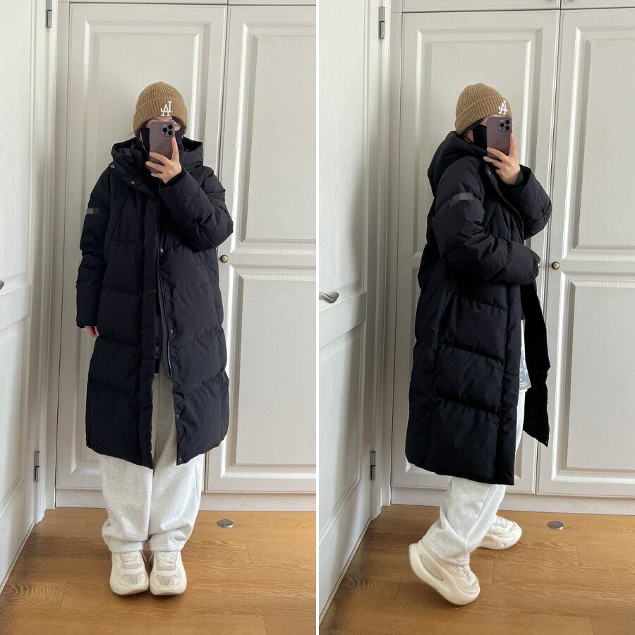 韩国24年冬季新品连帽加厚防水长款过膝外套情侣款鹅绒羽绒服大码