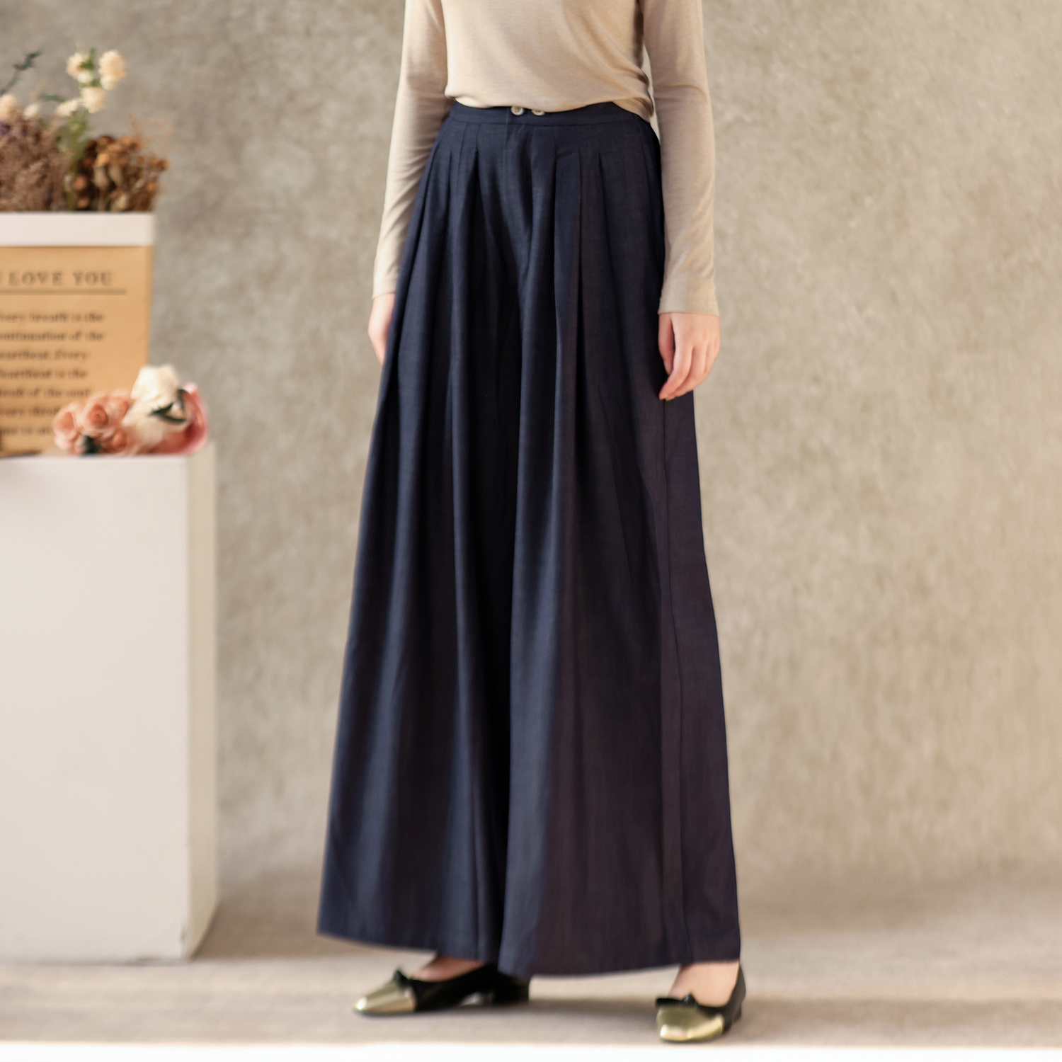 高腰显瘦阔腿裤半松紧腰两粒扣