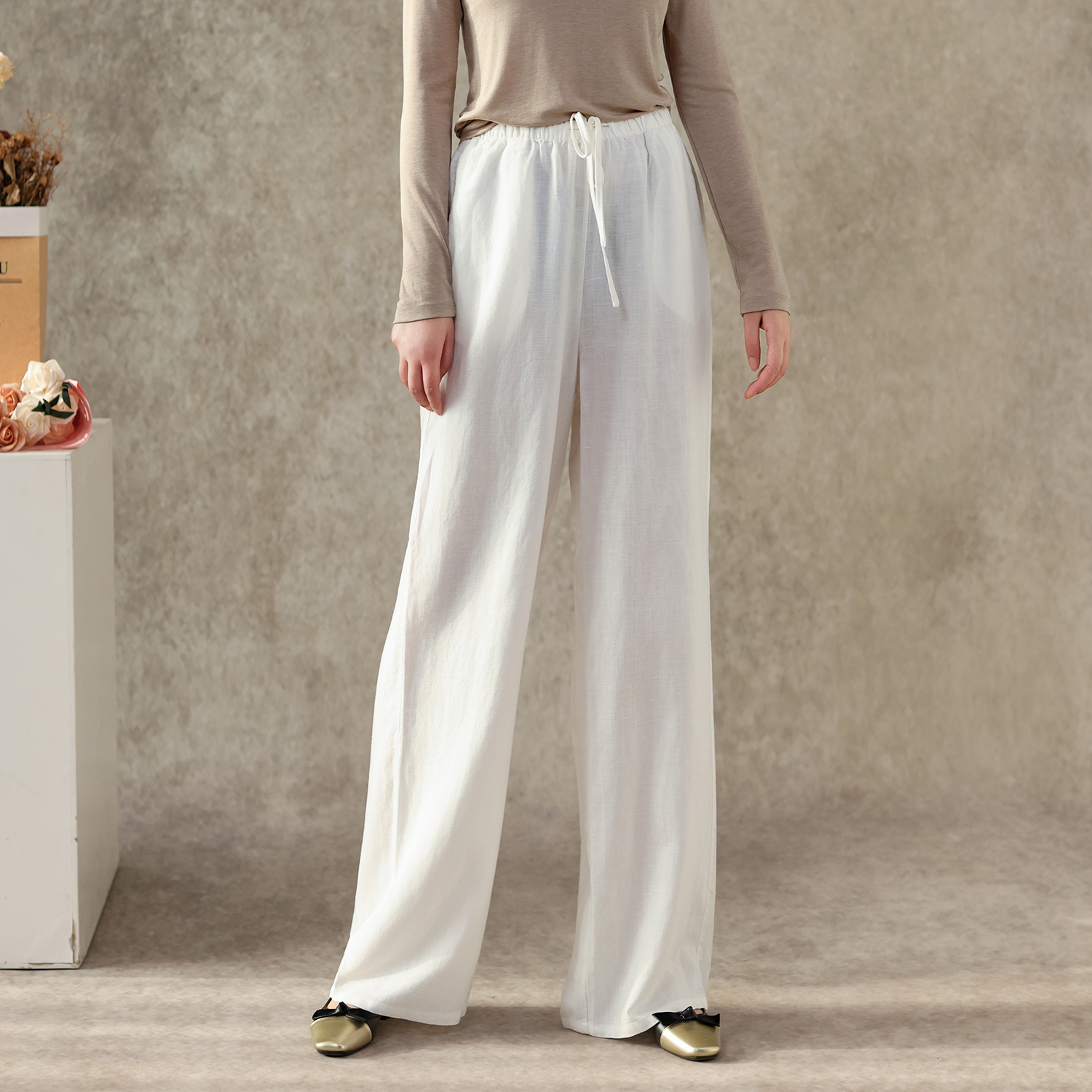 新款女款亚麻天丝高腰阔腿裤