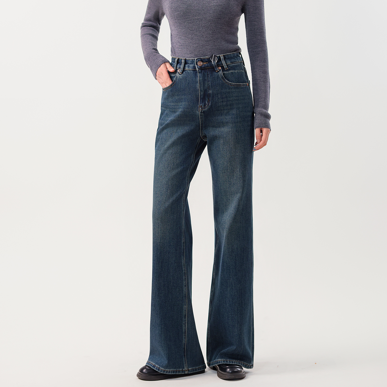 加厚加绒高腰显瘦阔腿牛仔裤女