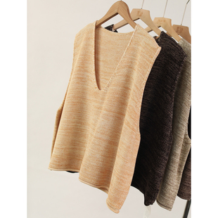 花纱针织马甲女V领无袖背心宽松叠穿短款坎肩毛衣背心