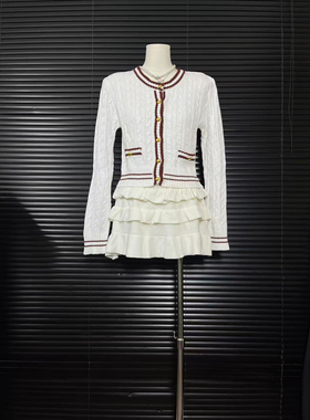 ueelook 精梳全棉绞花针织衫套头半身裙套装撞色金扣开衫女3203#