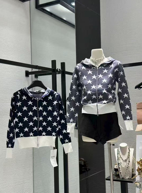 ueelook 美式星提花连帽针织开衫女秋季修身显瘦拉链外套8361