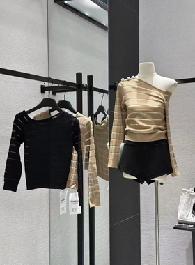 ueelook 斜肩上衣t恤女设计感2025爆款气质露肩长袖体恤短款辣妹