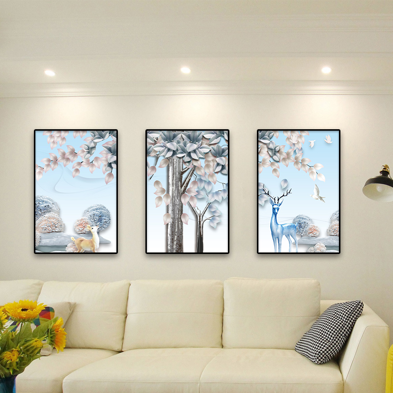 北欧麋鹿客厅三联画装饰画2025新款沙发背景墙高级感餐厅轻奢挂画图片