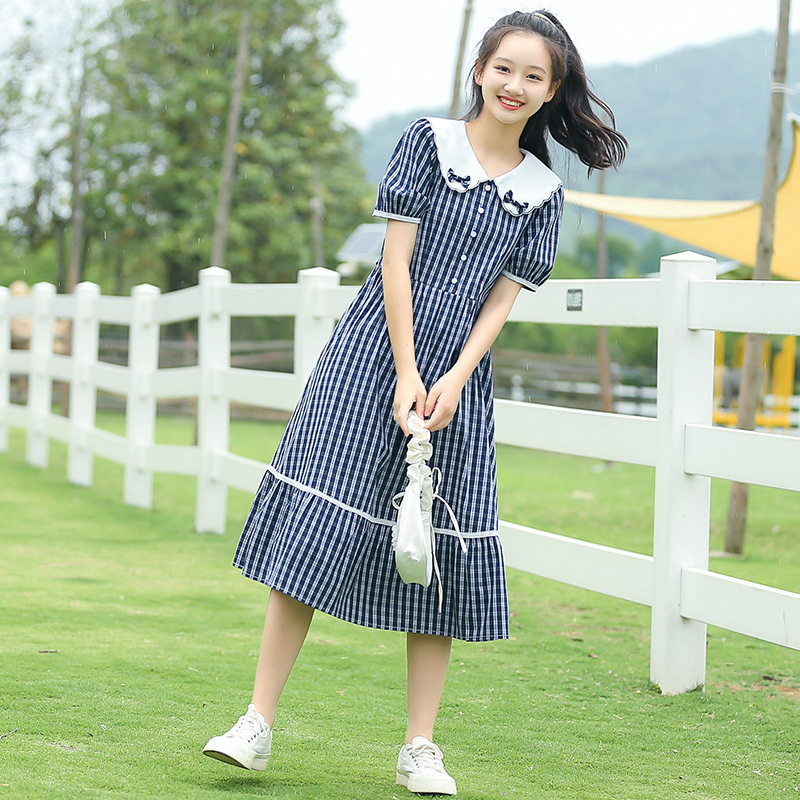 222118少女连衣裙夏季学院风格子甜美初中学生夏装高中女生公主裙