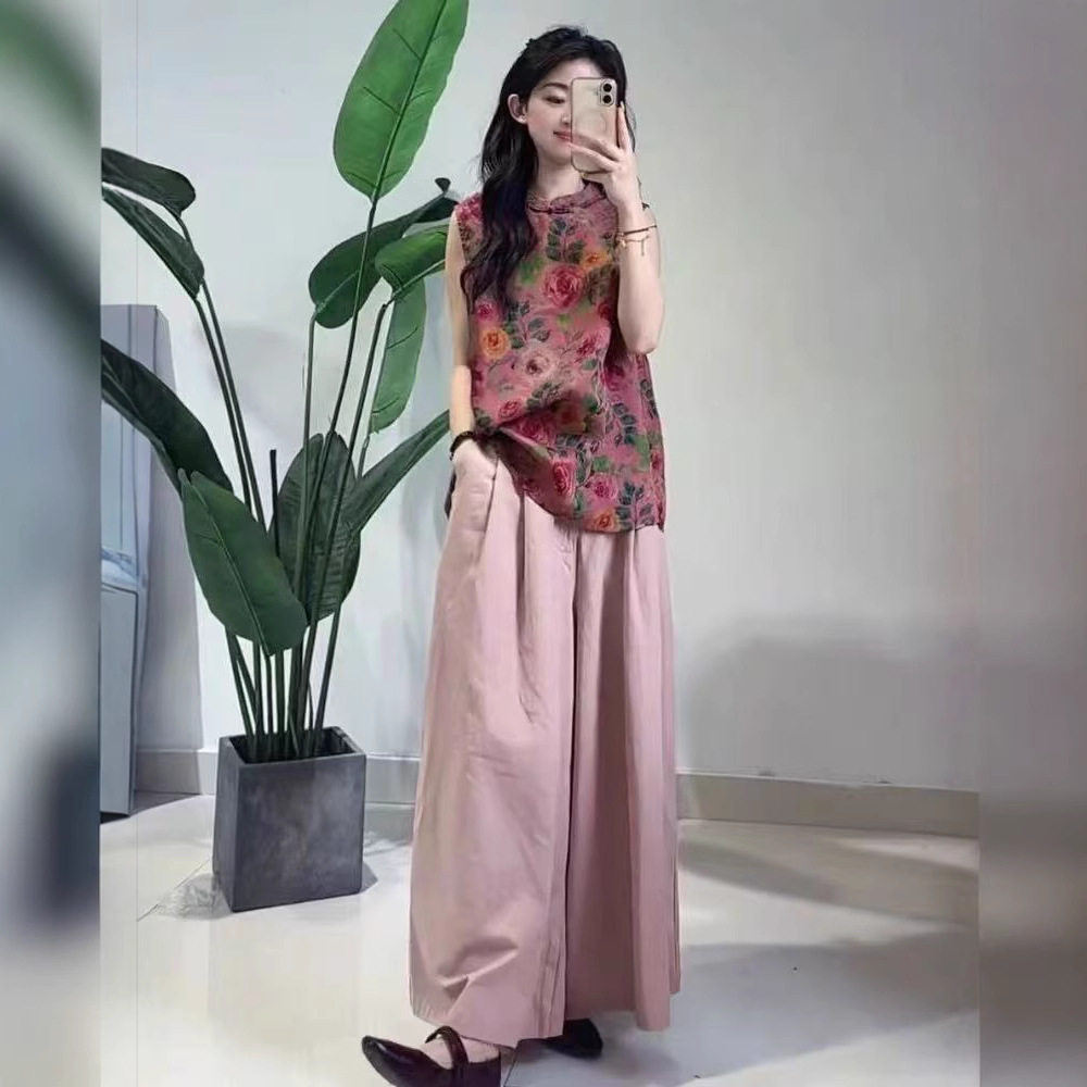 syfs9119新中式国风玫红色印花衬衫套装女2025新款夏装穿搭一整套