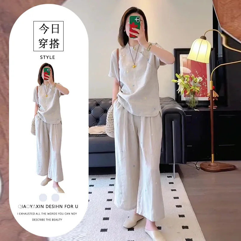 新中式微胖mm休闲风时尚套装女2025夏季新款气质轻奢复古上衣裤子