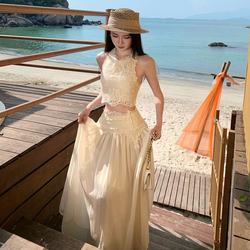 女装2026年夏季十三行新款海边沙滩度假风甜美蕾丝上衣+长裙套装